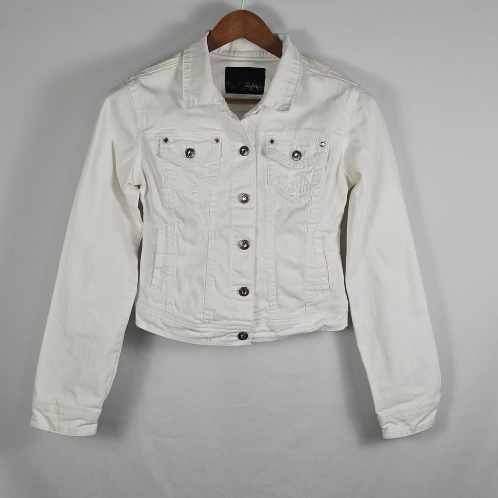 Daytrip White Denim Jacket M Rhinestone Lace Back‎ Trucker Western Glam Coquette